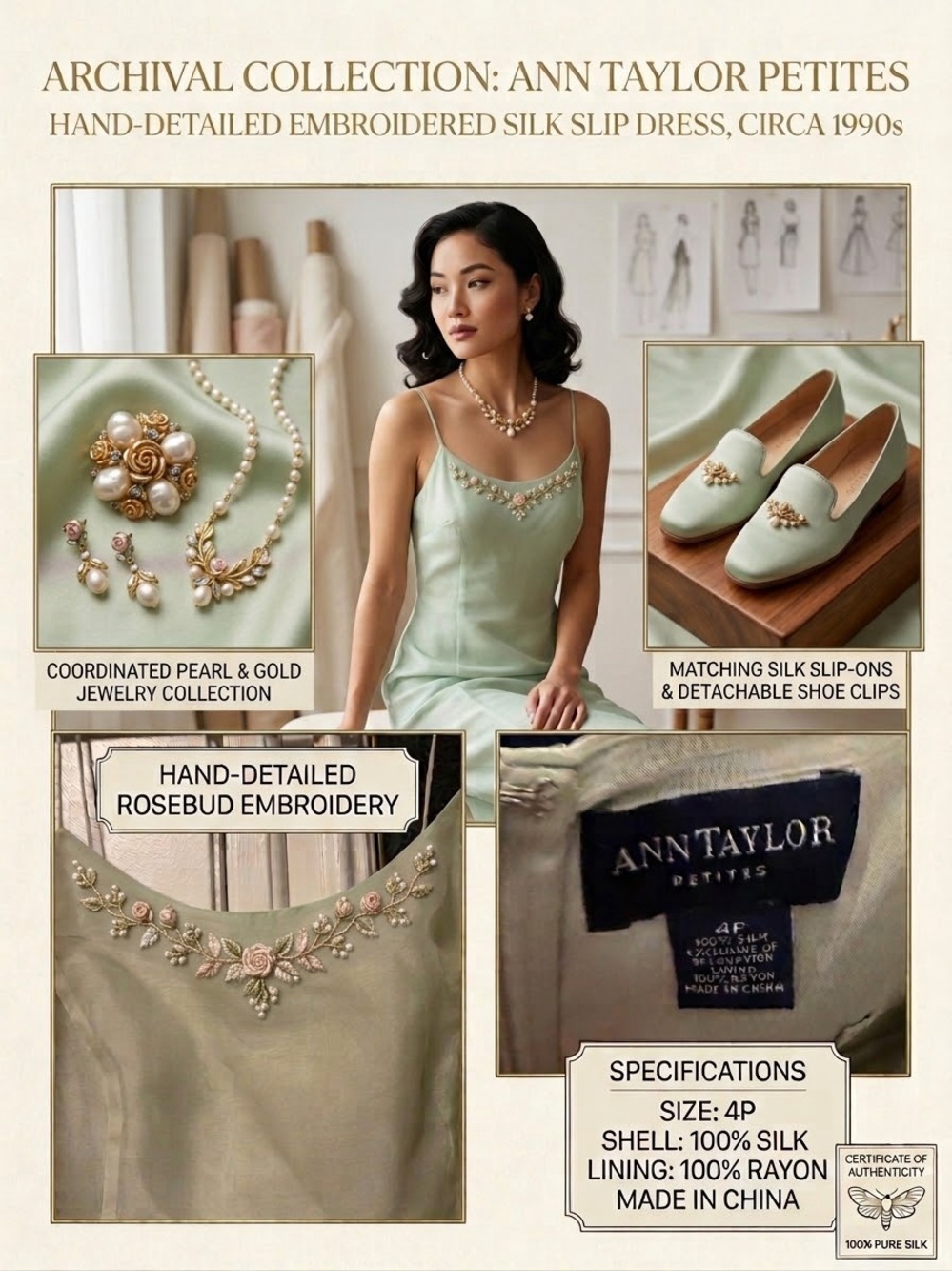 Ann Taylor Sage Green Silk Embroidered Slip Dress